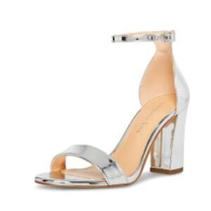 Silver Metallic Ankle Strap Block Heel Sandal Party Wedding Dress Shoes‎ Size 7